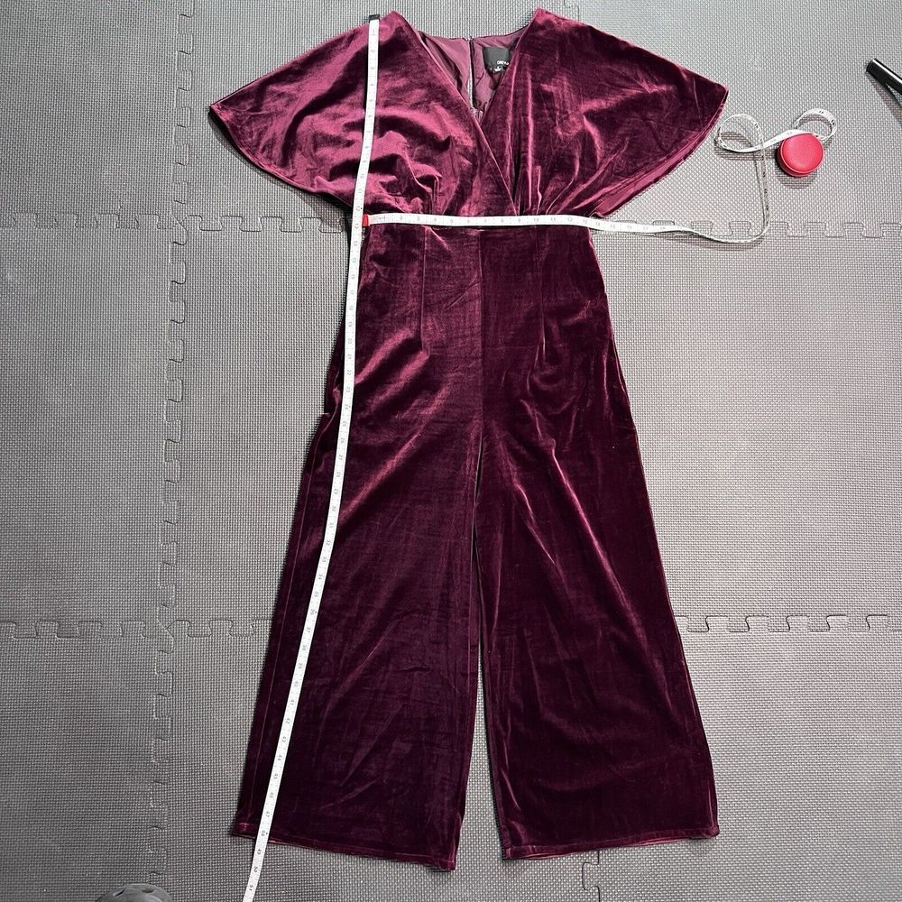 Greylin Anthropologie Luna Velvet Jumpsuit Wide Leg Cropped Burgundy‎ Small - Picture 9 of 15